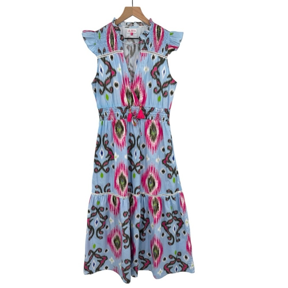 Sal Rosa Multicolor Ikat Print Tiered Maxi Dress XL Boho V-Neck Ruffle Sleeve - Picture 2 of 7